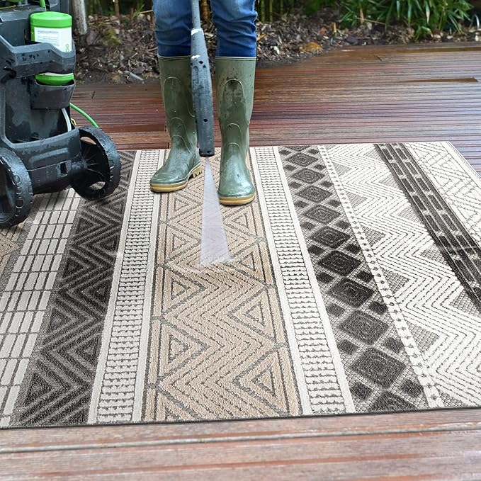 Rugshop Gray Marbella Boho Indoor/Outdoor Square Area Rug, Machine Washable for Patio, Dining Nook and Balcony 6'6" x 6'6" Square