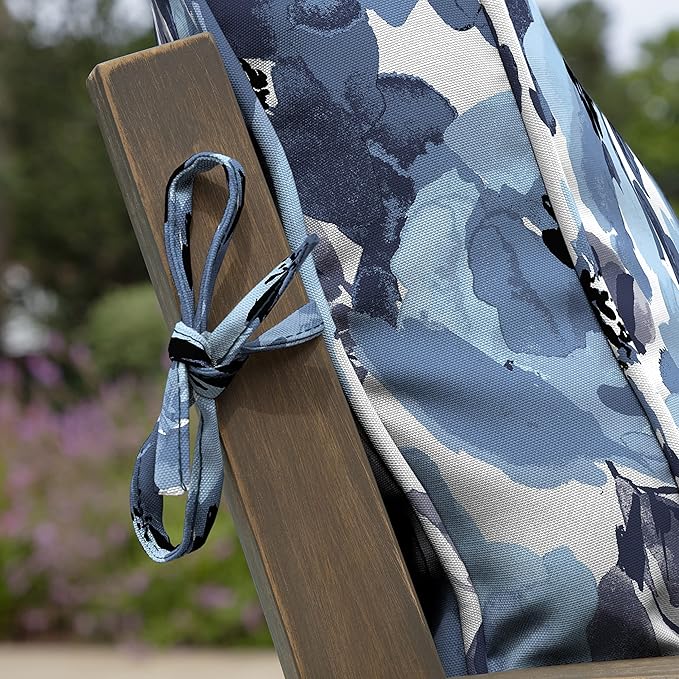 Arden Outdoor Plush Modern Tufted Blowfill Dining Chair Cushion, 21 x 40, Water Repellent, Fade Resistant, Tufted Cushion for Dining and Bistro Chairs, Blue Garden Floral