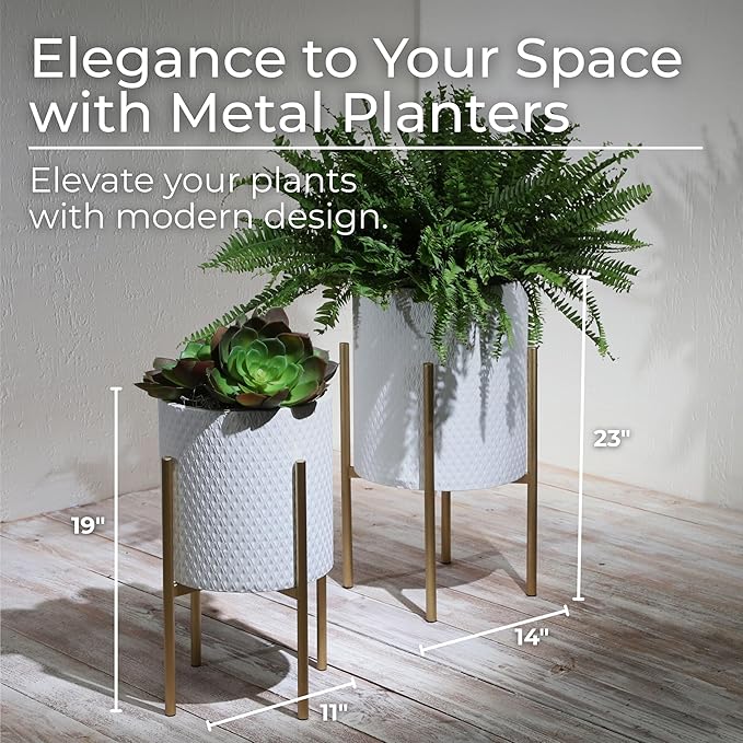 Decorative Flower Pots with Metal Stand for Home Decor - Modern Planters for Hallway, Entryway, and Living Room Decor - Indoor and Outdoor Pots for Plants - Set of 2, 23", 19", White & Gold