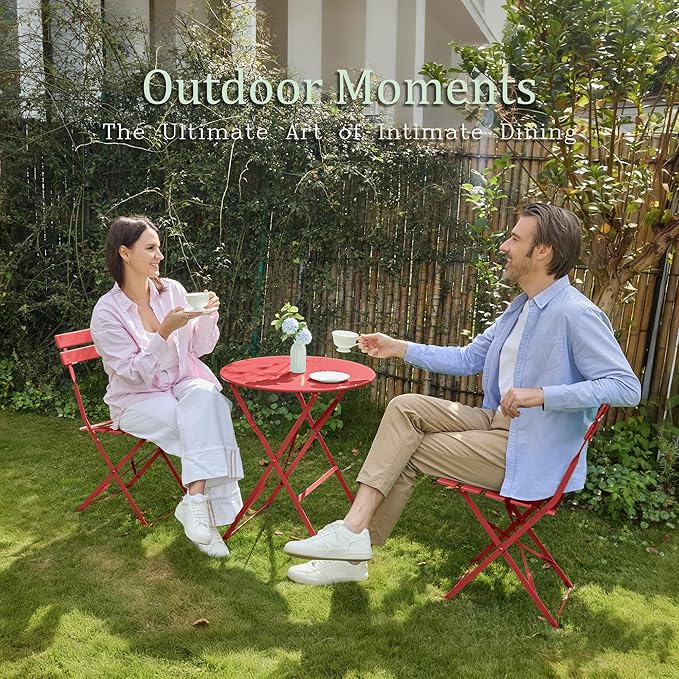 3 Piece Bistro Set, Folding Patio Furniture Set, Outdoor Table and Chairs Set for Patio, Garden, Balcony and Poolside, Red