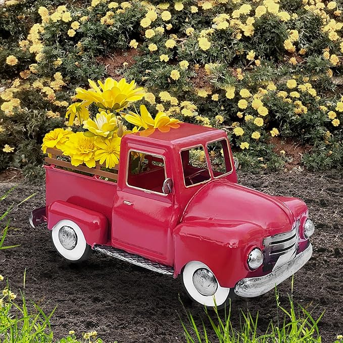 Vintage Red Metal Truck Decor, Red Truck Christmas Decor, Decorative Tabletop Storage,Farmhouse Pickup Truck Planter for Garden Home Holiday Decor