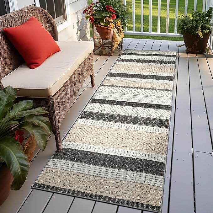 Rugshop Gray Marbella Boho Indoor/Outdoor Runner Rug, Machine Washable for Hallway, Entryway and Kitchen 2'7" x 8'
