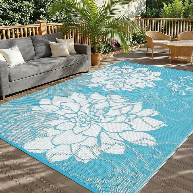 Waterproof Plastic Straw Rug 8x10 Reversible Outdoor Rug, Weather Resistant Outside Carpet, Portable RV Camping Mat with Carry Bag & Stakes for Patio Porch Garden Yard, Blue