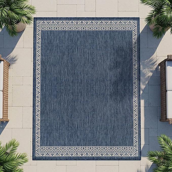 Washable Outdoor Rug 6x9 Modern Area Rugs Outdoor Carpets Bordered Pattern Non Shedding Waterproof Easy Clean Patio Deck Porch Living Room Bedroom Garden RV (6 X 9 Blue)