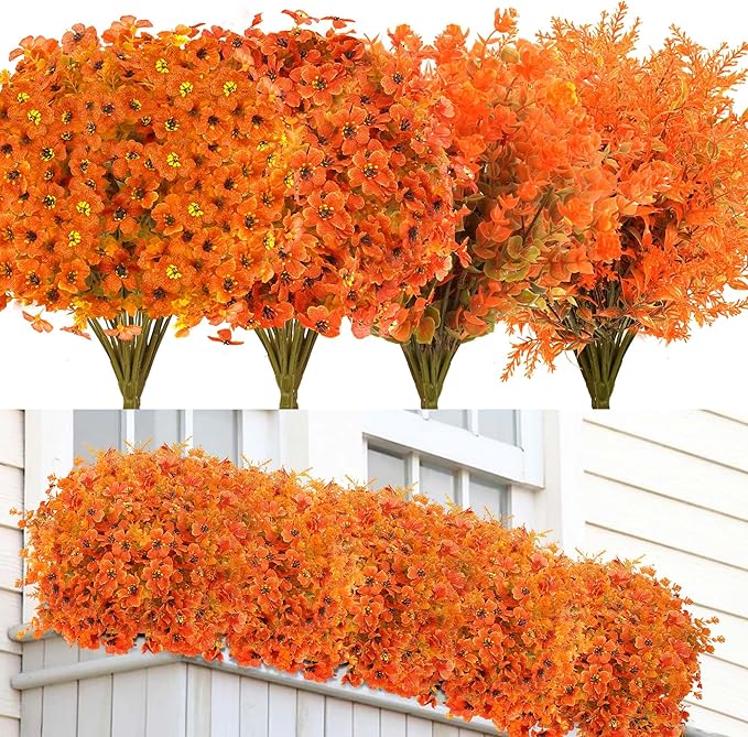 16 Bundles Artificial Mums for Outdoors Garden Home Decoration Fake Mums Decoration 4 Style UV Resistant Lifelike Faux Silk Daisy for Outside Home Planter Front Porch Patio No Fade Fall Decor