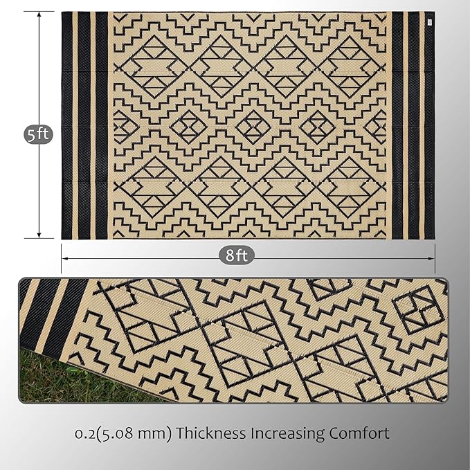 SAND MINE Reversible Mats, Plastic Straw Rug, Modern Area Rug, Large Floor Mat and Rug for Outdoors, RV, Patio, Backyard, Deck, Picnic, Beach, Trailer, Camping (5' x 8', Black & Beige)