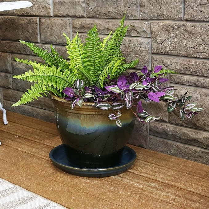 Sunnydaze 12-Inch Ceramic Plant Saucers - Plant Drip Trays for Outdoor Planter Flower Pot Drainage - Set of 2 - Forest Lake Green