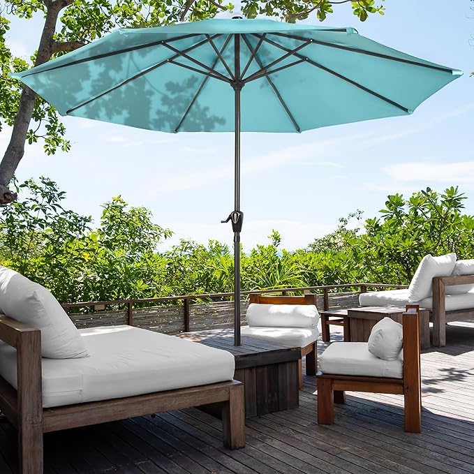 Pure Garden Patio Umbrella with Vented Canopy - 9 Ft Easy Crank Outdoor Umbrella for Shade - For Deck, Balcony, Porch, Backyard, or Pool (Light Blue)