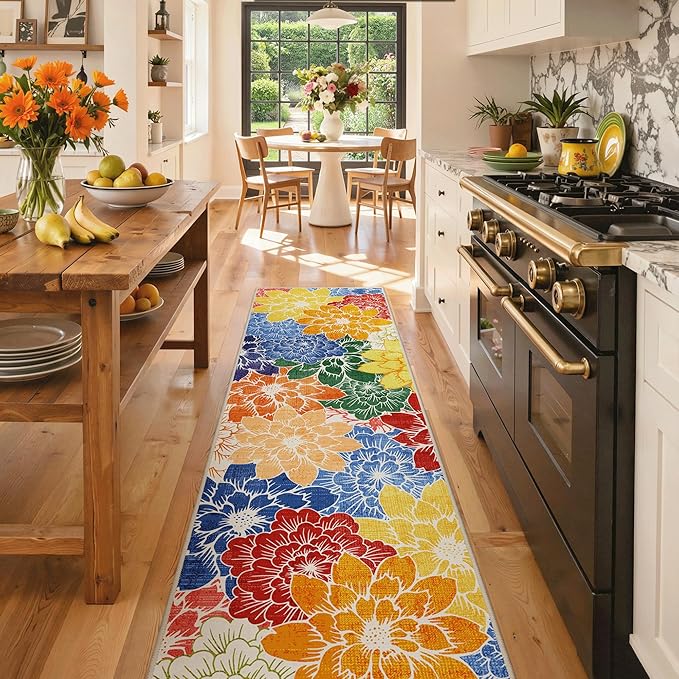 GENIMO 2.5’x8’ Indoor Outdoor Runner Rug for Hallway, Washable Waterproof Bedside Rugs, Non-Slip, Floral Mat Carpet for Patio, Living Room, Bedroom, Balcony, Kitchen, Deck, Porch, Colorful