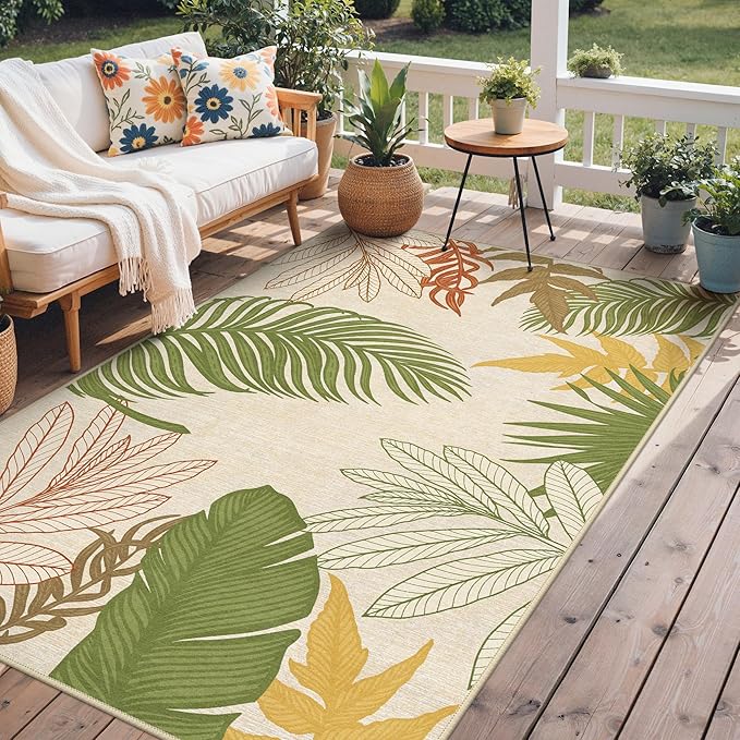 GENIMO Outdoor & Indoor Area Rug 6'x9', Waterproof, Non-Shedding, Easy Cleaning, Leaf Mat for Patio, Living Room, Balcony, Dining Room, RV, Deck, Bedroom, Camping, Outside Carpet, Olive Mustard