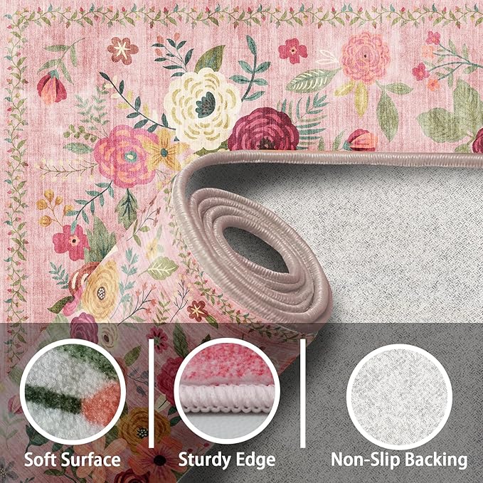 Pink Floral Rug for Entryway 2x3, Washable Kitchen Mat Ultra-Thin Soft, Non-Slip Indoor Door Carpet Stain Resistant Boho Small Low-Pile Throw for Bathroom Bedroom (2 x 3, Pink Lawn)
