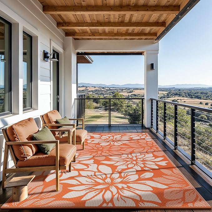 GENIMO Outdoor Rug Waterproof for Patio Decor, 6' x 9' Reversible Plastic Straw Floral Camping Carpet, Large Area Rugs Mats for RV, Camper, Deck, Balcony, Porch, Beach, Picnic, Orange & Beige