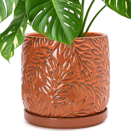 D'vine Dev 10 Inch Embossed Leaves Stoneware Planter Pot with Drainage Hole and Saucer, Pumpkin, 27-A-P-J