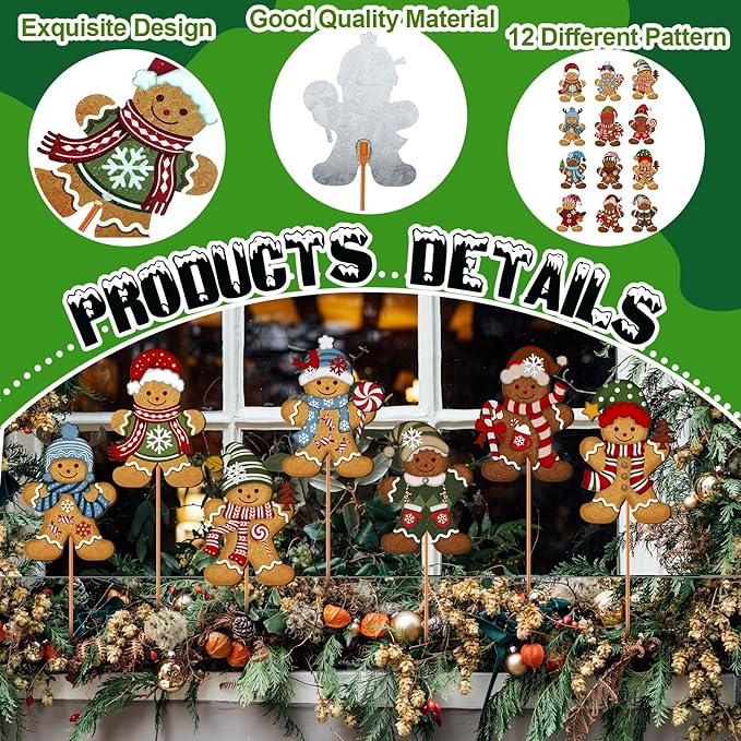 Zonon 12pcs Winter Garden Decorations Winter Snowflake Metal Planter Stakes for Patio Lawn Planter Pot Xmas Nutcracker Gingerbread Yard Stake Signs Outdoor Lawn Decor Party Favor(Gingerbread)