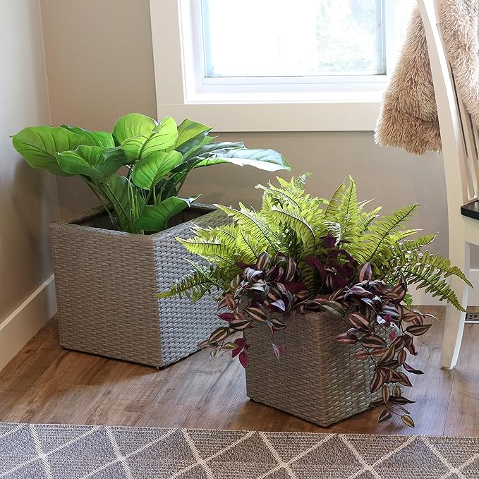 Sunnydaze Polyrattan Square Indoor Planters Set - Includes 14-Inch and 11-Inch Modern Decorative Planter - Features Attached Clear Polypropylene Liner - Gray