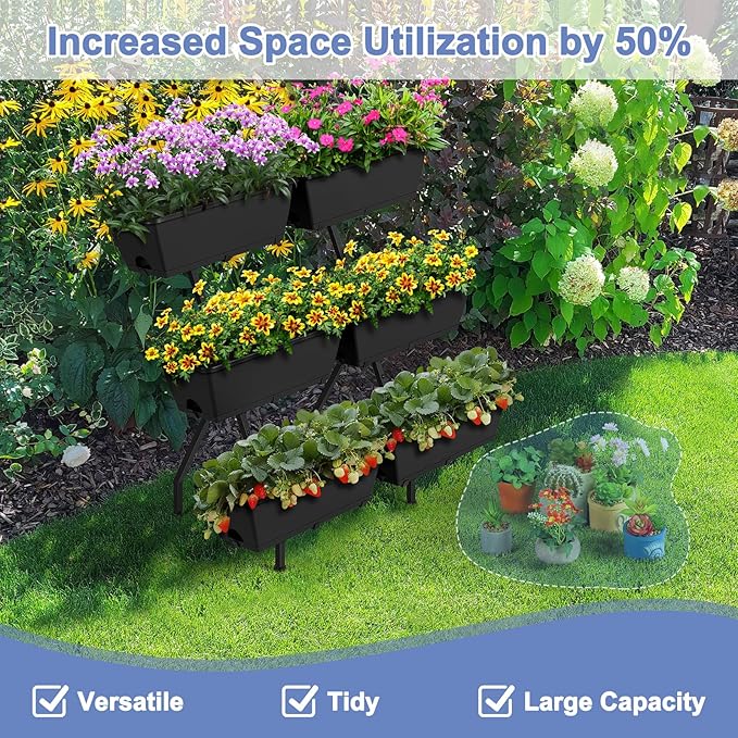 Raised Garden Beds Outdoor with 6 Garden Planter Boxes Freestanding Vertical Raised Bed for Gardening with Legs, Elevated Herb Garden Planter with Water Drainage for Patio, Balcony, Backyard, Black