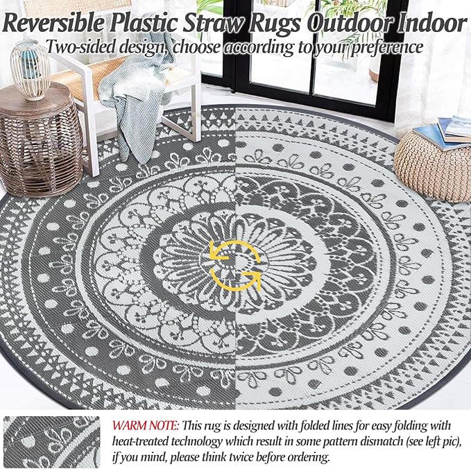 Cekene Round Outdoor Rugs for Patio 6Ft Waterproof Reversible Outdoor Patio Rugs Black Lightweight Plastic Straw Rugs Portable RV Camping Mat Floor Carpet for Deck Porch Picnic BBQ