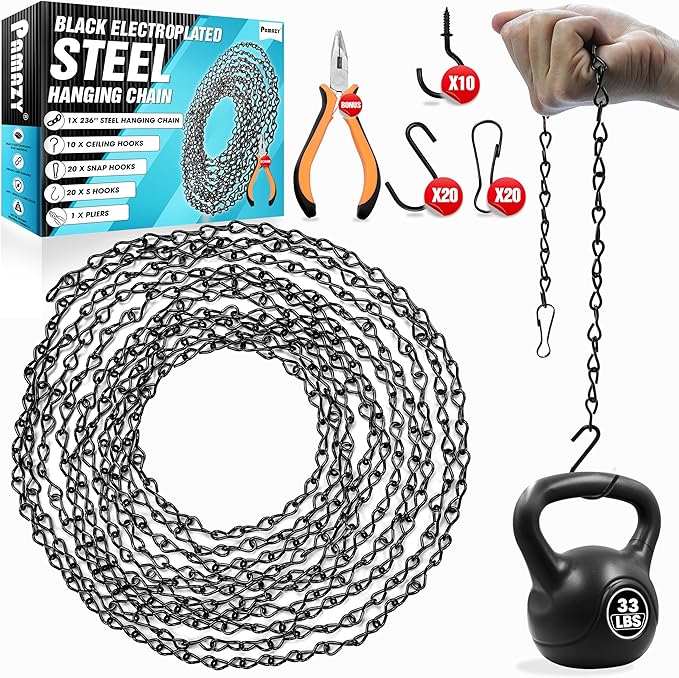 [Upgraded] 236” Black Electroplated Steel Hanging Chain with S-Hooks, Snap Hooks, Ceiling Hooks & Pliers, 33LBS Load Bearing, Adjustable Length for Hanging Bird Feeders, Planters, Lanterns, Billboards