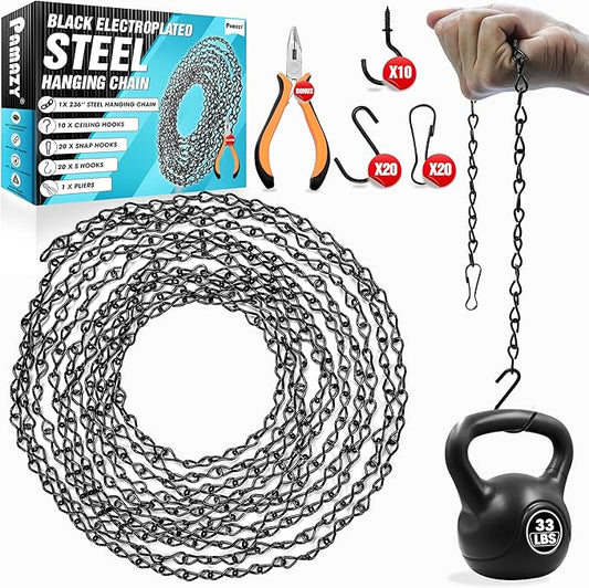 [Upgraded] 236” Black Electroplated Steel Hanging Chain with S-Hooks, Snap Hooks, Ceiling Hooks & Pliers, 33LBS Load Bearing, Adjustable Length for Hanging Bird Feeders, Planters, Lanterns, Billboards