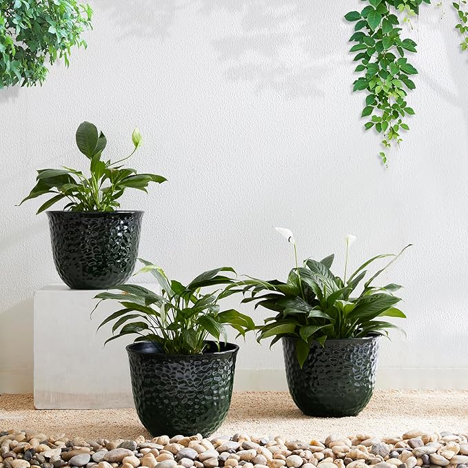 Glitzhome Round Faux Ceramic Planter Pots, 11.75" D Honeycomb Textured Tall Outdoor Planters with Drainage Hole, Gradient Green Outdoor Flower Pots, Plastic Large Planters for Porch, Garden, Set of 3