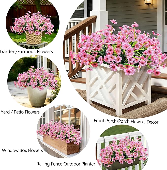 20 Bundles Artificial Flowers for Outdoors, UV Resistant Fake Flowers with Plastic Plants, Faux Silk Flower for Outdoors Planter, Fake Realistic Plant Outside Window Boxes Patio Decor-Pink