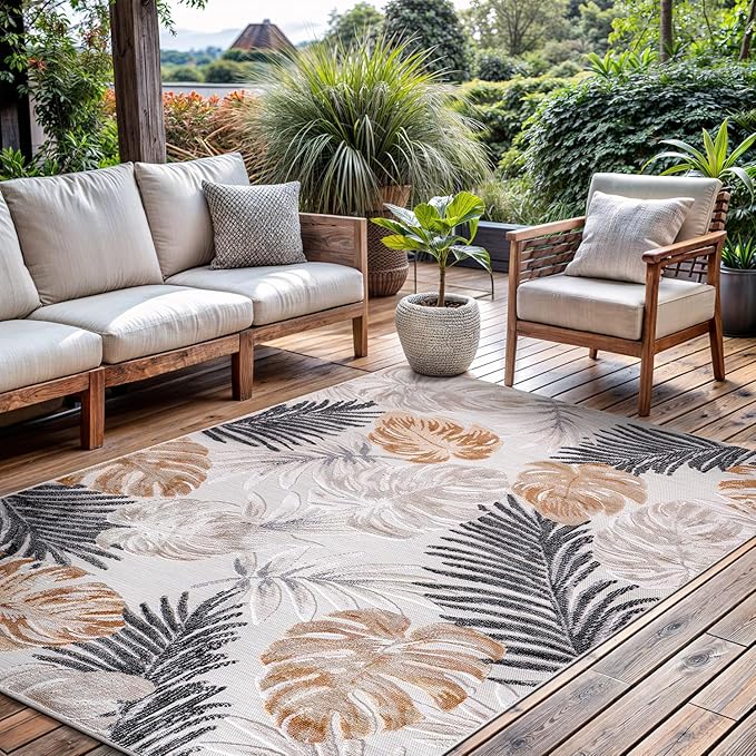 CAMILSON Indoor Outdoor Rug, Yellow 6’x9’ Leaf Tropical Botanical Area Rugs for Indoor and Outdoor patios, Easy-Cleaning Non-Shedding Living Room, Garden and Kitchen Washable Outside Carpet (6x9)