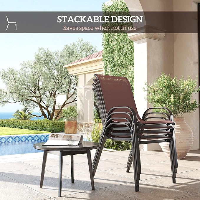 Outsunny Outdoor Dining Chairs Set of 4, Stackable Patio Dining Chairs, High Back Outdoor Patio Chairs with Breathable Mesh Seat, Metal Frame for Garden Lawn Backyard, Brown