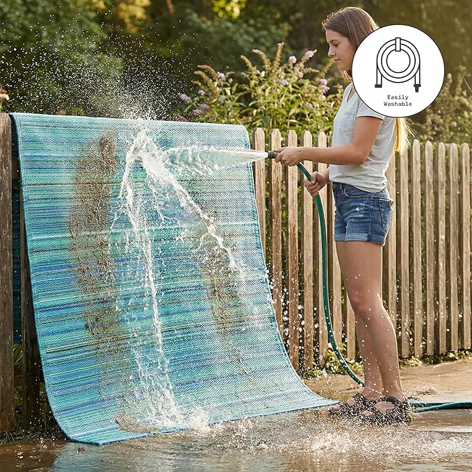 Fab Habitat Outdoor Rug - Waterproof, Fade Resistant, Crease-Free - Premium Recycled Plastic - Striped - Large Patio, Deck, Sunroom, Camping, RV - Cancun - Turquoise & Moss Green - 8 x 8 ft