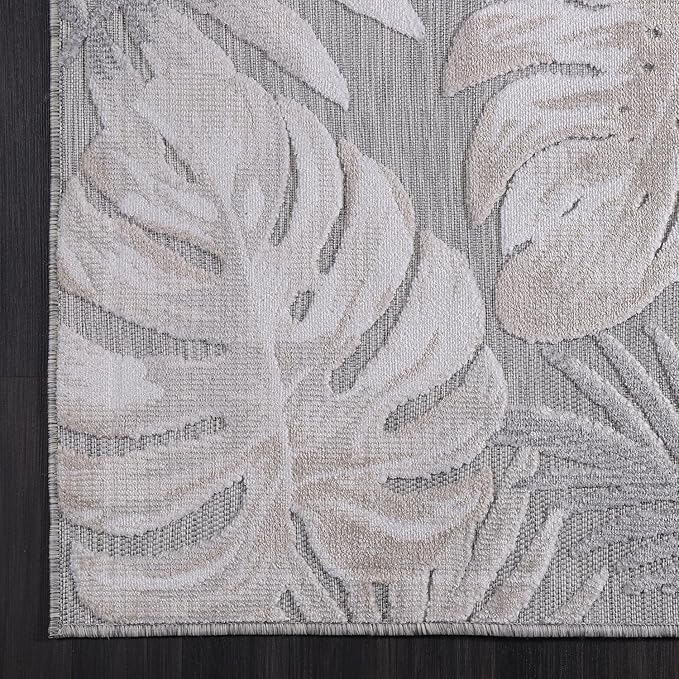 CAMILSON Indoor Outdoor Rug, Beige 4x6 Leaf Tropical Botanical Area Rugs for Indoor and Outdoor patios, Easy-Cleaning Non-Shedding Living Room, Garden and Kitchen Washable Outside Carpet (4 x 6)