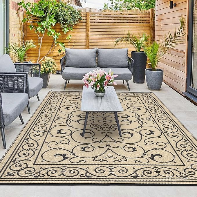 MilleLoomi 9x12 Outdoor Rug Waterproof Foldable Plastic Straw Carpet for Patio Porch Vintage Reversible Mat Lightweight Floor Mat for Picnic, Backyard, Rv, Beach, Deck, Camper, Balcony，Black Beige