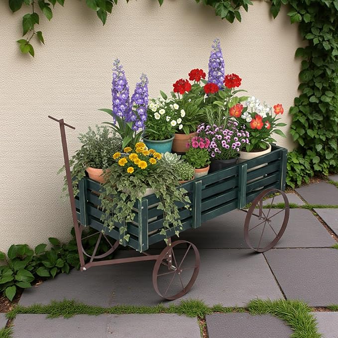 Shine Company Decorative Buckboard Wagon Garden Planter, Wooden Wagon Yard Décor for Outdoor Plants, Green