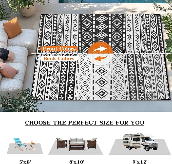 Wallona Outdoor Rugs 9x12 ft Patio Waterproof Clearance Indoor Outdoor Large Carpet for Patio Plastic Straw Reversible Area Rugs Mat for RV, Camping, Balcony, Beach, Picnic, Porch, Boho Black & White