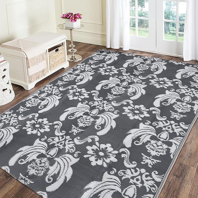 Reversible Mats, Plastic Modern Straw Area Rug, Large Floor Mat for Outdoors, RV, Patio, Backyard, Deck, Picnic, Beach, Camping (Baroque Grey & White, 5' x 8')
