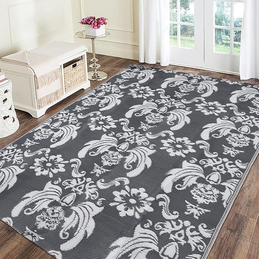 Reversible Mats, Plastic Modern Straw Area Rug, Large Floor Mat for Outdoors, RV, Patio, Backyard, Deck, Picnic, Beach, Camping (Baroque Grey & White, 5' x 8')