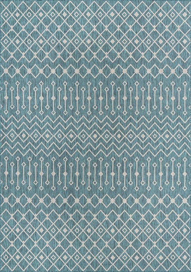 Unique Loom Outdoor Trellis Collection Area Rug - Tribal Trellis (10' x 14' 1" Rectangle, Teal/ Ivory)