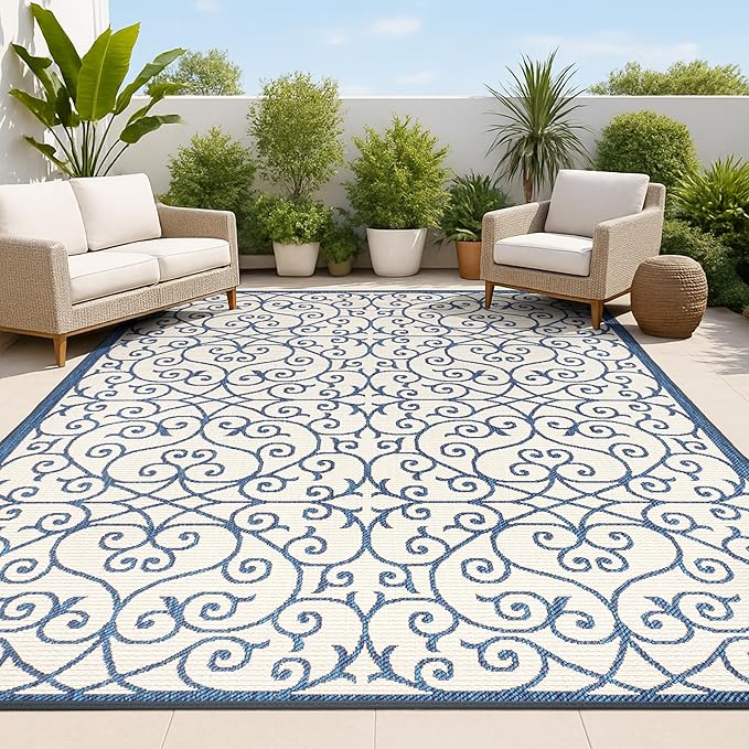 JONATHAN Y Vintage Filigree Indoor Outdoor Area Rug 8X10 Navy/Beige, Madrid Textured Weave for Backyard, Patio, Porch, Easy-Cleaning, High Traffic, Pet-Friendly, Non-Shedding (SMB107G-8)