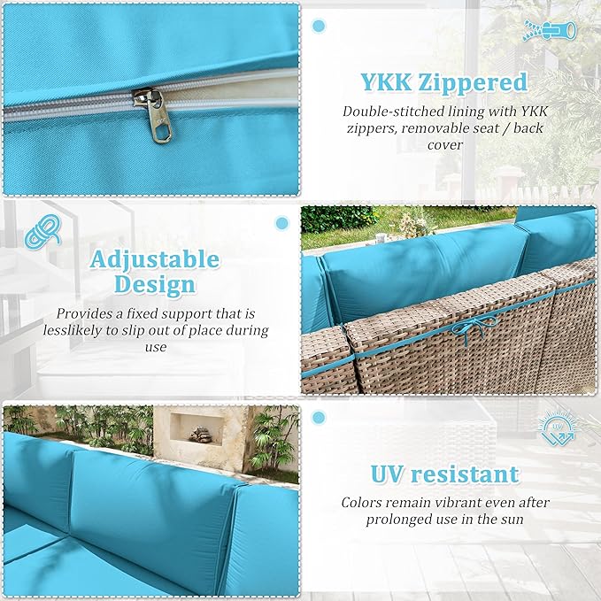 Patio Furniture Cushions, Replacement Outdoor Cushions for 4-Seat Patio Furniture, Waterproof Cushions for Outdoor Sectional Sofa Couch, Lake Blue