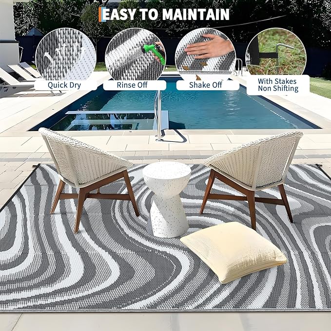 Outdoor Rug 8x10 Waterproof Patio Rugs Modern Abstarct Reversible Mat for Front Door Rv Foldable Plastic Straw Carpet for Travel Trailers, Deck, Porch, Camper, Balcony, Beach，Black/Grey