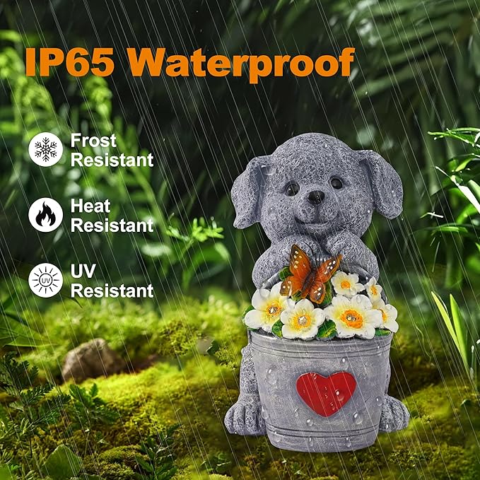OTAVILEM Solar Garden Decor Dog Statue,Outdoor Dog Figurines with Bucket for Patio, Balcony, Backyard,Lawn Ornaments and Yard Decorations - Unique Gifts for Women, Mom,Grandma