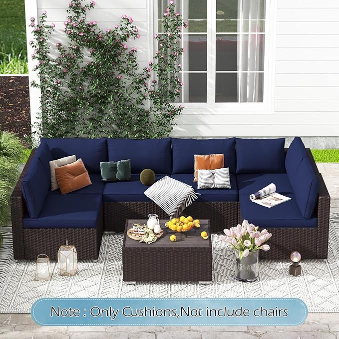 HOMREST Outdoor Replacement Cushions for Patio Furniture,Water-Repellent Sofa Cushion for 6-Seat Rattan Wicker Sectional Patio Conversation Sets,14-Piece Cushions Set for Outdoor Couch（Navy Blue）