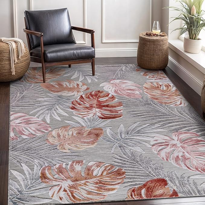 CAMILSON Indoor Outdoor Rug, Multi 7’10”x10’ Leaf Tropical Botanical Area Rugs for Indoor and Outdoor patios, Easy-Cleaning Non-Shedding Living Room, Garden and Kitchen Washable Outside Carpet (8x10)