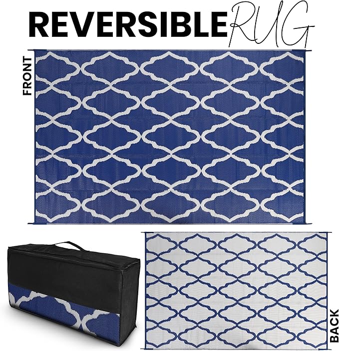 Utopia Home Waterproof Outdoor Rug for Patio 6 x 9 ft, Reversible Plastic Straw Mat for Camping, Picnics, Balcony, Patio, Diamond - Navy & White