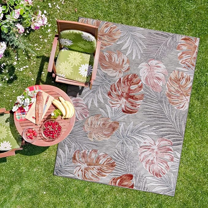 CAMILSON Indoor Outdoor Rug, Multi Color 6’x9’ Leaf Tropical Botanical Area Rugs for Indoor and Outdoor patios, Easy-Cleaning Non-Shedding Living Room, Garden and Kitchen Washable Outside Carpet (6x9)