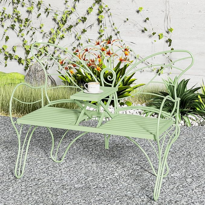 Outdoor Bench Patio Outdoor Garden Bench with Built-in Table, Butterfly Bench for Outside, 3 People Outdoor Bench Garden Bench Front Porch Furniture (Green, 49.2inch)