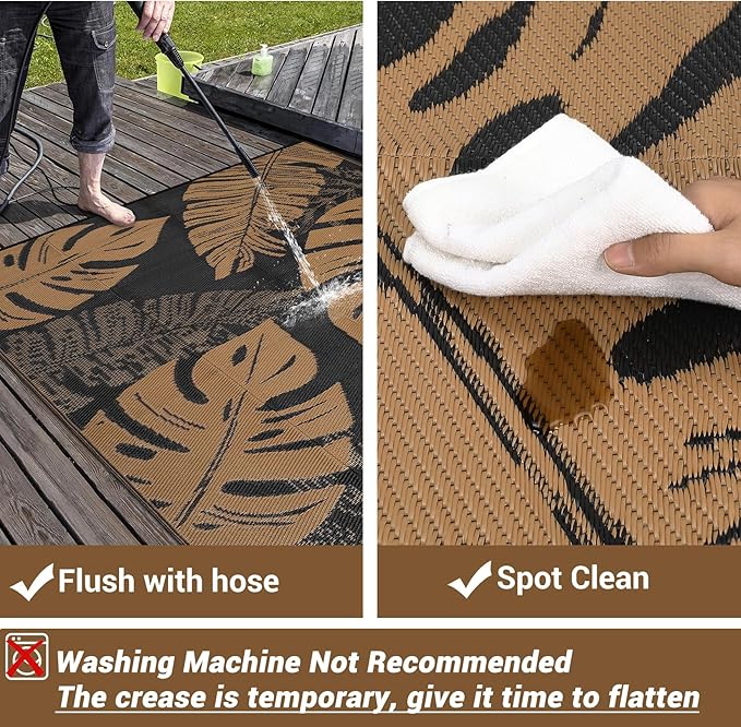 COZYLOOM Outdoor Rug Waterproof 10x14 Reversible Outdoor Plastic Straw Rugs Modern Leaf Patio Rug Indoor Outdoor Carpet RV Mat for Deck Backyard Patio RV Camping Beach, Black and Brown