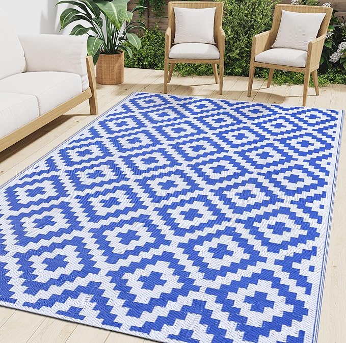 Smiry Waterproof Outdoor Rug 9x12 ft, Reversible Plastic Straw Patio Camping Rugs, Outdoor Indoor RV Mat Carpet for Patio, Outside Entry, Backyard, Deck, Bench, Picnic, Camper, White & Blue