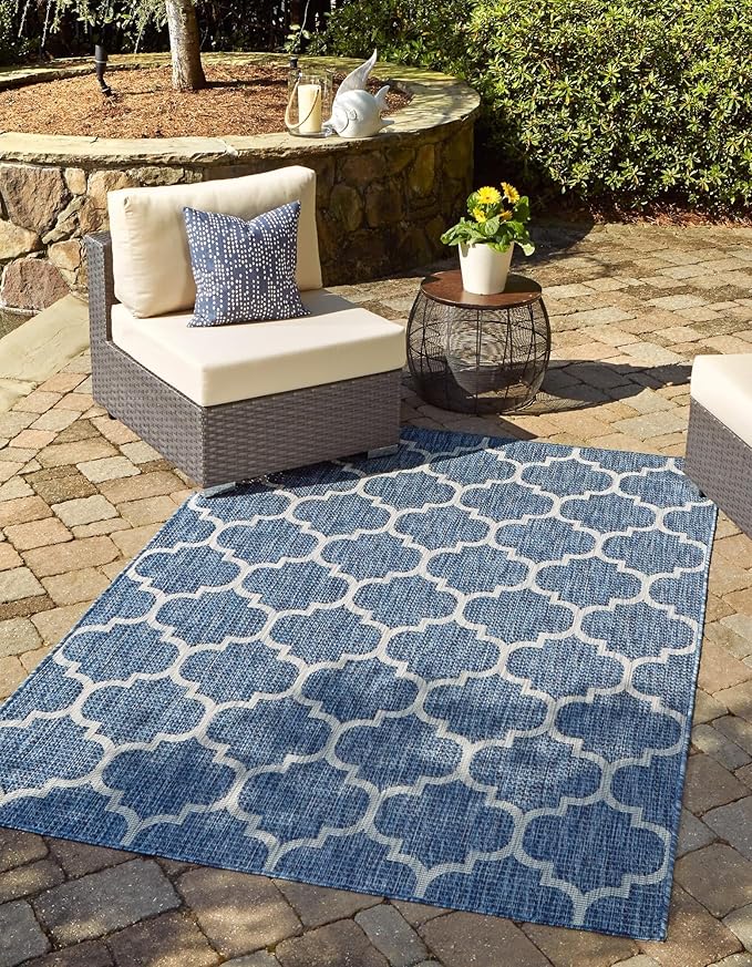 Unique Loom Trellis Collection Area Rug-Lattice Design, Moroccan Inspired for Indoor/Outdoor Décor, 3' 3" x 5' 3", Navy Blue/Gray