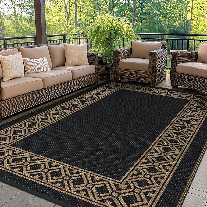 GENIMO Outdoor Rug Waterproof for Patio Decor, 6'x9' Foldable Reversible Plastic Straw Carpet, Outside Area Mat for Rv, Deck, Picnic, Porch, Camper, Balcony, Beach, Black Brown