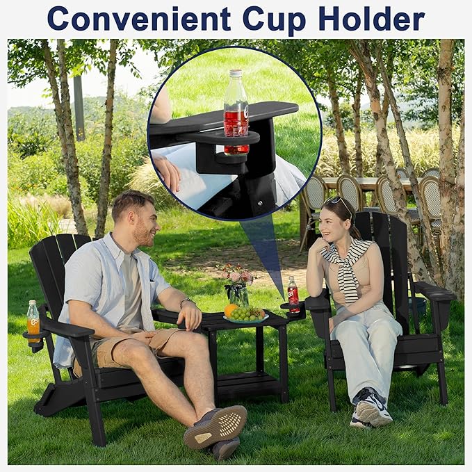 Plawdlik Folding Adirondack Chair Set of 6, Cup Holder，Wooden Textured ，Heavy All-Weather HDPE Comfortable Set Poolside Backyard Lawn, Black