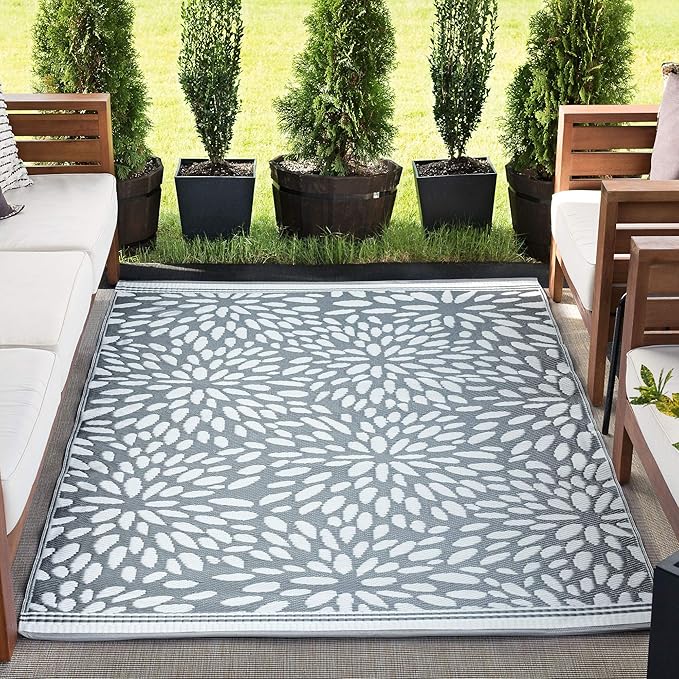 Nuala Gray Waterproof and Washable Reversible Plastic Straw Large Indoor Outdoor Rug 8x10 - Outdoor Area Rugs for Patio Porch RV Camp Deck - Grey Outside Mat for Camping